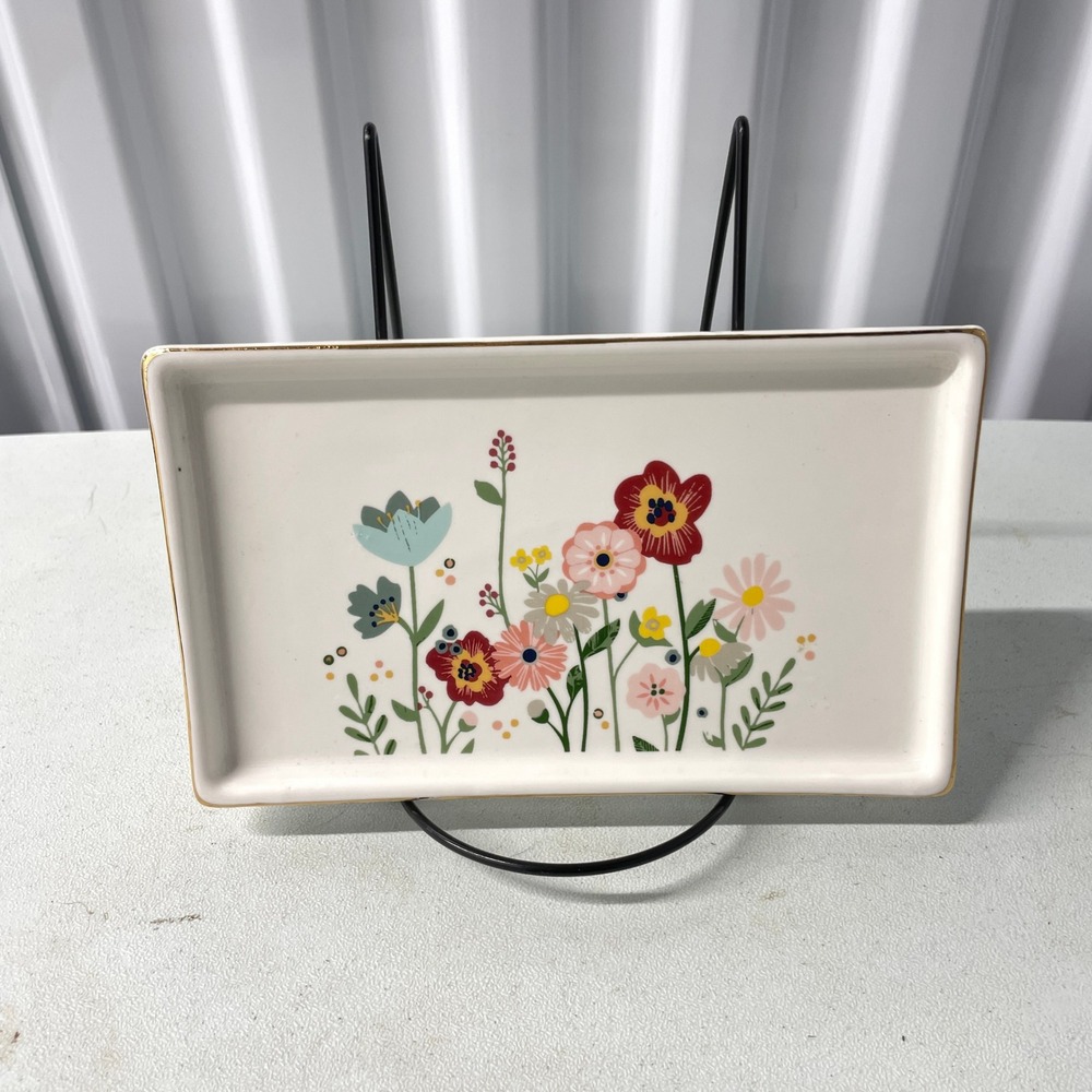 Floral Ceramic Trinket Dish Rectangular Jewelry Tray Gold Trim Wildflower Design